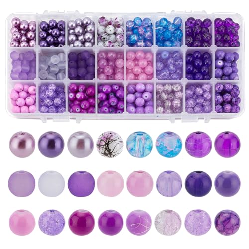 PH PandaHall 720pcs 8mm Purple Glass Beads 24 Color Round Bracelet Beads Loose Crystal Bead Craft Bead Bulk for Summer Friendship Bracelet Necklace Earring Jewelry Making DIY Craft Party Ornament - color: Purple
