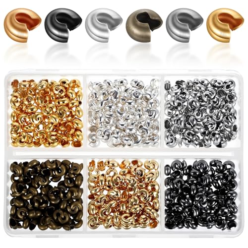 LXUEJIE 600 Pcs Crimp Bead Covers, Crimp Beads for Jewelry Making, 4mm Multi-Color Alloy Crimps Bead Knot Covers Half Round Open Crimps Beads for Bracelet Jewelry Making Craft DIY