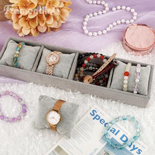 Framendino, 4 Slots Velvet Tray Jewelry Organizer with Pillow for Display Bracelet Watch Grey
