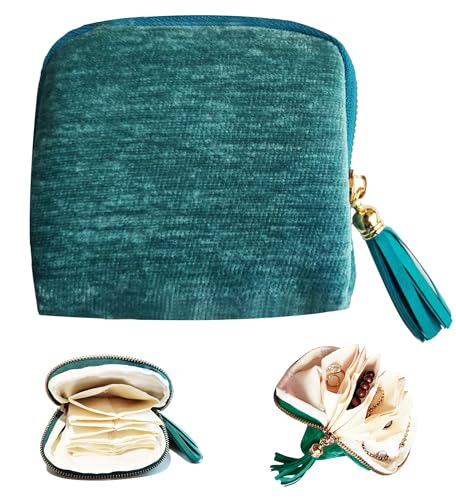 Travel Jewelry Organizer Case - Velvet Zipper Pouch with 6 Compartments for Bracelets, Earrings, Necklace, Anti-Scratch Storage, Valentine Gifts for Women (Peacock Green) - color: Peacock Green