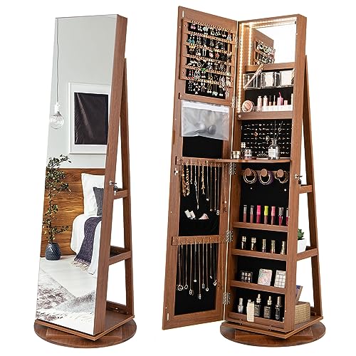 COSTWAY 360° Rotating Mirror Jewelry Armoire, Freestanding Jewelry Organizer w/ 3-Color LED Lights, Full-length Mirror w/Jewelry Storage, Lockable Jewelry Cabinet for Bedroom, Cloakroom (Walnut) - color: Walnut