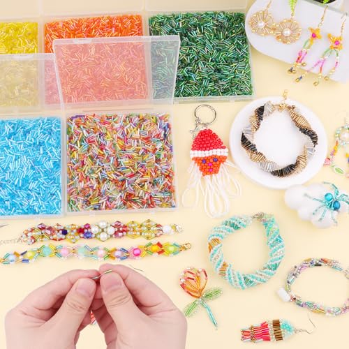 4000 Pcs Multicolor Glass Bugle Beads, 2 x 7 mm Embroidery Beads, Small Long Tube Seed Beads for Embroidery Craft Jewelry Making - color: Multicolor