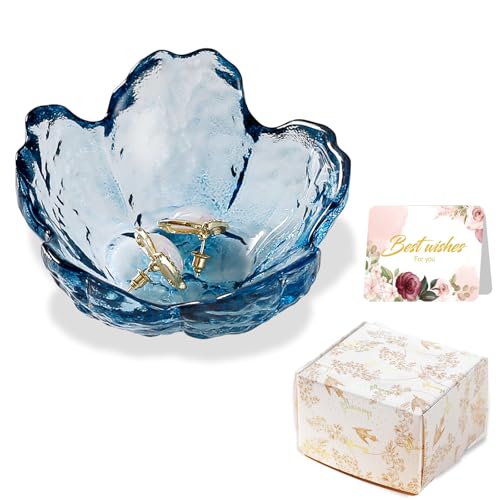 Binoster Blue Flower Glass Ring Dish Jewelry Tray Ring Holder Dish Cute Room Decor Vanity Organizer for Nightstand or Bathroom Aesthetic Trinket Dish Gift for Wife Mom Daughter - color: Deep Blue