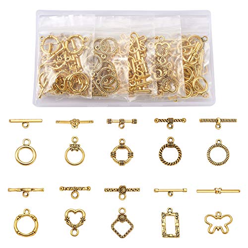 Craftdady 100 Sets Antique Gold Toggle Clasps Tibetan Vintage T Bar Closure Ring End Clasps Buckles for Bracelet Necklace Making - color: 10 Styles,Antique Gold