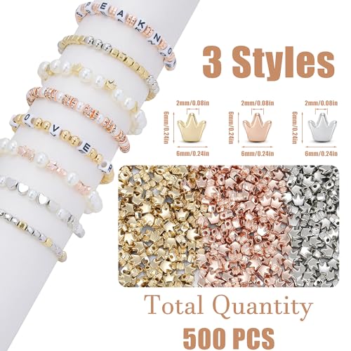 XIANNVXI 500Pcs Crown Spacer Beads for Jewelry Making - Smooth Loose Beads for DIY Bracelets & Necklaces (Gold, Silver, Rose Gold) - color: Crown 3 colors