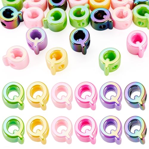 Beadthoven 20pcs Big Letter Q Beads Large Hole Bubble Alphabet Acrylic Beads Charm Iridescent Plastic Q Shape Loose Chunky Spacers for Jewelry Making Bracelet Necklace Keychains Shoelaces Crafts - color: Q