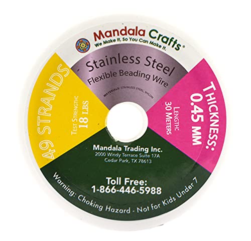 Mandala Crafts 49 Strand Beading Wire for Jewelry Making - 98 FT 25 Gauge Stainless Steel Braided Tiger Tail Wire for Bead Stringing - size: 49 Strands 25 Gauge 0.45MM 98FT
