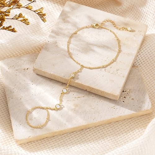 CHESKY 14K Gold Plated Hand Chain Bracelets for Women Set - Dainty Finger Ring Bracelet Stack Adjustable Hand Chains Durable Beaded Bracelets Trendy Simple Body Jewelry Gift for Women - style: 1CZ bracelet-gd