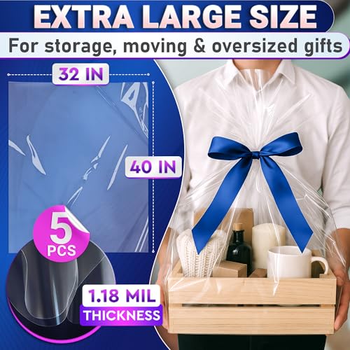 5 Pcs Shrink Wrap Bags for Gift Baskets – 32x40 Large Shrink Wrap, Wide Use for Gifts & Hampers – Durable & Easy to Use Clear Cellophane Bags for Presents, Mother’s Day Packaging & Holiday Baskets - size: 1 count (Pack of 5)