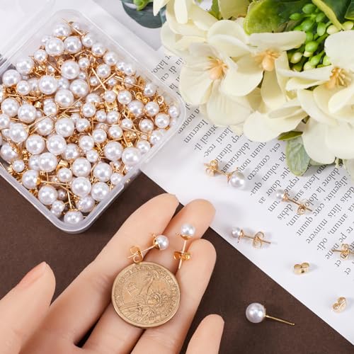 1 Box 120Pcs Hypoallergenic Pearl Earring Posts Pearl Earring Stud Findings with Loop Butterfly Back and Imitation Beads Gold Ear Studs Finding for Jewelry Making DIY Crafts Supplies Women - color: Light Gold