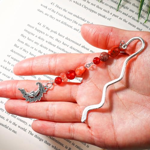 Vintage Metal Moon Bookmark Pendant with Natural Crystal Bead Chain–Elegant Bookmarks for Women,Men,Book Lovers,Teachers and Students(Red Crystal) - style: Sleep face
