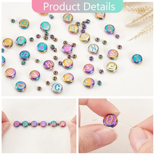 PH PandaHall 244pcs Glass Letter Beads - 10mm Flat Round Alphabet Rondelles, Multicolor Plated Small Spacer Beads for Crafts Key Chains Necklace Jewelry Making