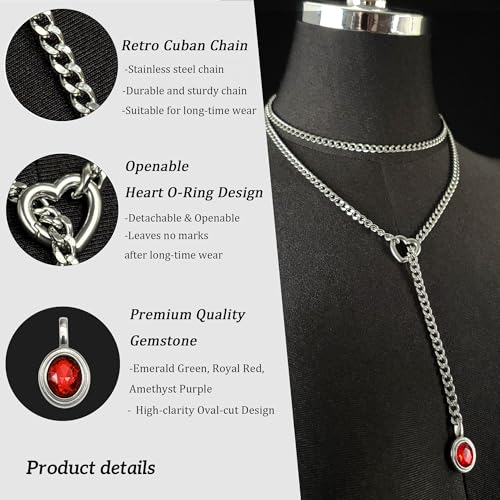 Heart Slip Chain Necklace for Women, 39 Inch Cuban Chain, Removable Heart O-Ring, Crystal Pendant, Adjustable Stainless Steel Y-Necklace - color: Silver-Red