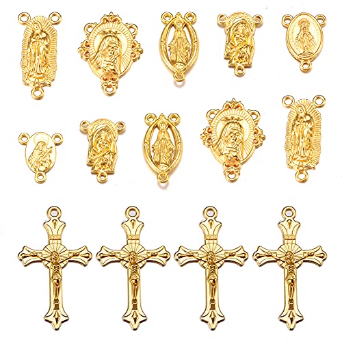 84Pcs/42Set Rosary Kits Cross and Center Medal Charms Alloy Oval Virgen De Guadalupe Links Connector Charm Pendant for Diy Jewelry Making Supplies