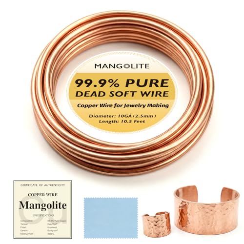 10 Gauge/2.5mm Copper Wire for Jewelry Making – 10.5 Feet Single Spool with Polishing Cloth & COA – 99.9% Pure Dead Soft Bare & Skin Safe Uncoated Craft Wire for Heavy-Duty Structures & DIY - size: 10 Gauge, style: 5 Ounces