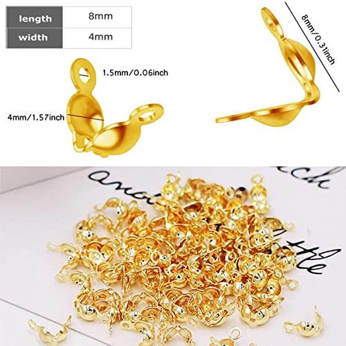 1500 Pieces Beads Tips Knot Covers Clamshell Crimp Tips Beads Set Calotte Ends Knot Covers Fold-Over Bead Covers for Jewelry Making DIY Bracelet Necklaces(Gold) - color: Gold