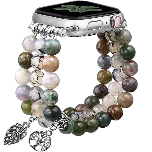 Newlibery Natural Stone Bracelet Beaded-Bands Women Compatible with Apple Watch 38mm 40mm 41mm 42mm (S10/11) Feminine Cute Handmade Stretch Strap for iWatch Series 11/10/9/8/7/6/5/4/3/2/1 SE 3/2/1 - color: A2 Rhyolite jasper, size: 38/40/41/42mm(S10/11)
