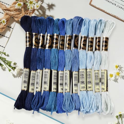 12 Skeins 105 Yards 6 Ply Variegated Embroidery Thread Friendship Bracelets String Blue Gradient Cross Stitch Floss Yarn Thread Bulk for Jewelry Making Hand Sewing Knitting Stitching Crafts - color: Blue