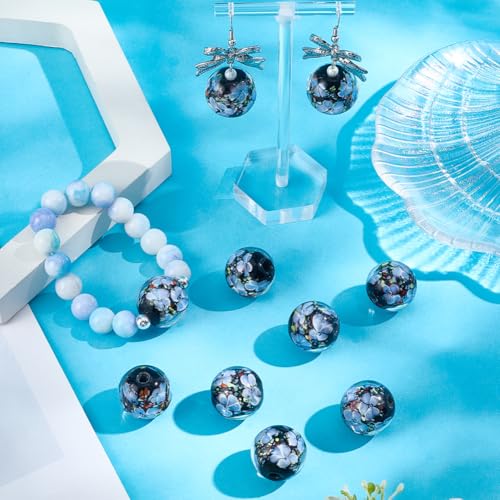 1 Box 20MM Inner Flower Handmade Lampwork Glass Beads with 2.MM Holes Blue Black Round Crystal Vintage Spacer Charms Loose Bead Bulk for Jewelry Making Necklace Earrings DIY Craft Supply - color: Blue