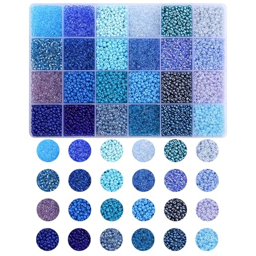 12000pc 3mm Blue Glass Seed Beads 24 Color Small Tiny Colorful Beads Bulk for Jewelry Making Supplies Accessory DIY Craft Friendship Bracelet Necklace Charm Dangle Earring - color: Blue