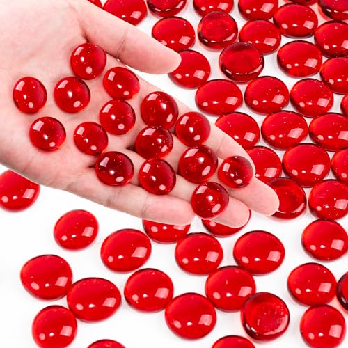 Red Flat Glass Marbles, 0.97 lb Transparent Vase Filler Pebbles Gems, Decorative Glass Beads for Vases, Table Scatter, Crafts, Floral, Mancala Stones, Centerpieces, Aquarium Rocks for Fish Tank - color: Red