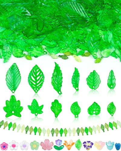 FIVEIZERO 300Pcs Acrylic Green Leaf Flower Beads for Jewelry Making, Transparent Maple Leaves Pendants Tiny Green Leaf Bead Caps for Beaded Plant Earrings Necklaces Bracelets DIY Crafts - color: Leaves