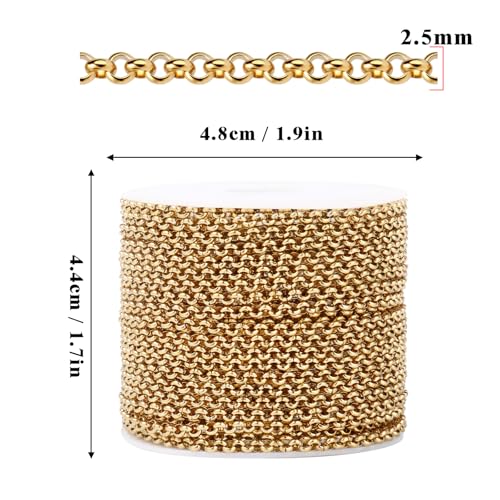 33FT 18K Gold PVD Plated Rolo O Chains Roll, 3.5mm Gold Stainless Steel Round Rolo Chain Spool Bulk for Jewelry Making - color: gold, size: 3.5mm