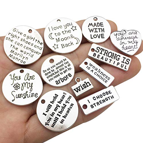 30pcs Inspiration Words Charms Craft Supplies Mixed Pendants Beads Charms Pendants for Crafting Jewelry Findings Making Accessory for DIY Necklace Bracelet (Antique Silver)