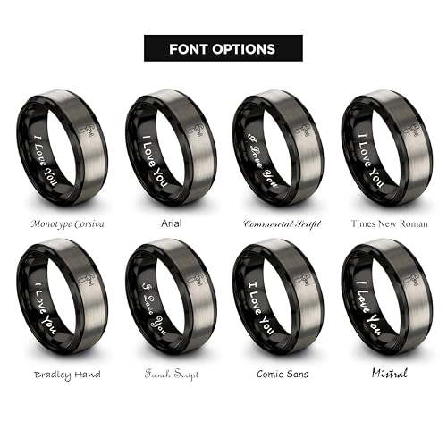 Chain Tool Ring - Gift for Cyclist - 8mm - Band - Gunmetal Black Silver - Personalized Custom Engraving - Men Women - Anniversary Engagement Wedding - Tungsten Carbide - Flat Dome Bevel - color: 08 - Black Grey Tungsten