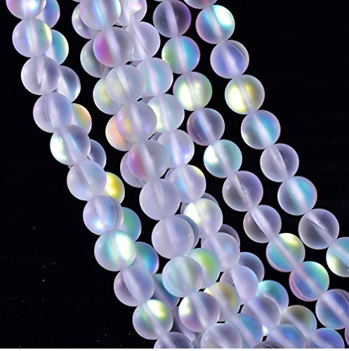 48PCS 8mm Natural Mystic Aura Quartz Gemstone Frosted Matte Titanium Opalite White Rainbow Round Loose Beads 15 inch Full Strand - color: White Mystic Aura, size: 8mm