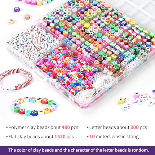 richginker 2300pcs Polymer Clay Beads Bracelet Making Kit, 24 Style Cute Fun Beads for Friendship Bracelets Letter Beads Charms Kit for Jewelry Making DIY Arts and Crafts Birthday Gifts Toys for Kids - color: 1#Clay Beads