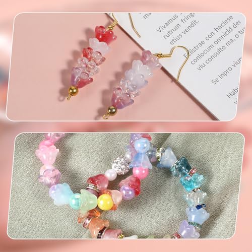 100pcs Glass Bellflower Beads Mixed Color Trumpet Flower Beads Gradient Clear Cute Bead Loose Aesthetic for Jewelry Making DIY Necklace Crafts