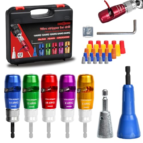 ANGELSWORD Wire Stripper & Wire Twister Tool for Drill, Wire Stripping Tool & Wire Twisting Connector Set 6/8/10/12/14 AWG, 5 PCS Professional Electrician Tools Set - size: 5 PC | 6-14 AWG