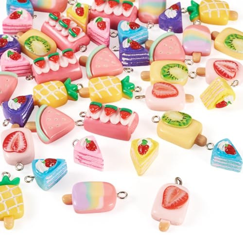 Cheriswelry Cup Cake Resin Pendants Lovely Food Sweet Dessert Dangle Charms Links Hanging Ornament with Metal Loop Fruit Pendants for Key Chains Bracelet Necklace Jewelry Making - color: Ice Lolly & Cake Roll-Mixed Color