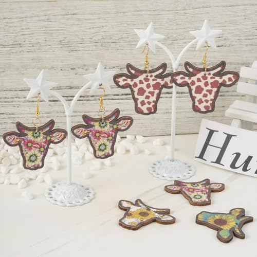 40pcs Wooden Cow Head Charms Western Style Flower Printed Ox Head Pendants & 50pcs Earring Hooks & 50pcs Jump Rings for Boho Earring DIY Jewelry Making - color: Cow Head