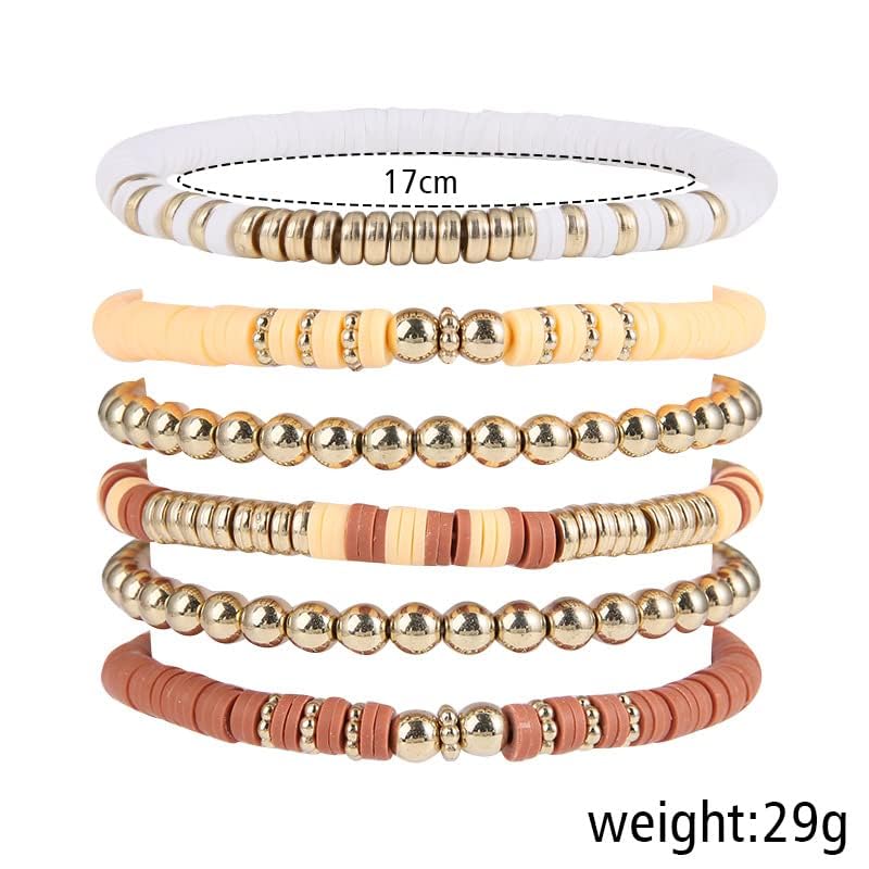 Pingyongchang Heishi Gold Beaded Bracelets Set for Women Men Bohemian Polymer Clay Colorful Surfer Vinyl Disc Stretch Layering Stackable Friendship Boho Bracelet Summer Beach Jewelry Gifts - color: Brown