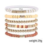 Pingyongchang Heishi Gold Beaded Bracelets Set for Women Men Bohemian Polymer Clay Colorful Surfer Vinyl Disc Stretch Layering Stackable Friendship Boho Bracelet Summer Beach Jewelry Gifts - color: Brown