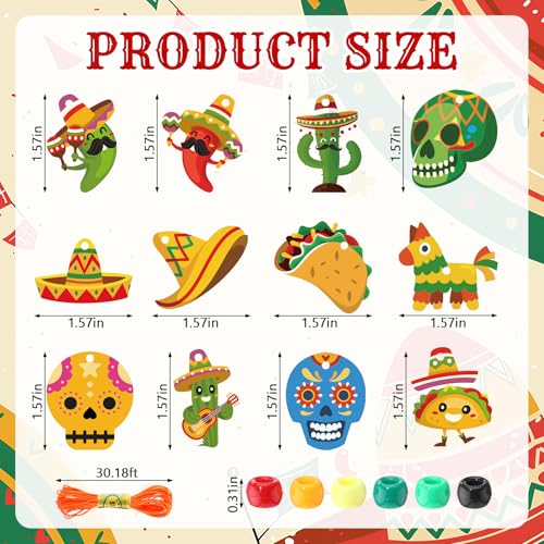 Ferreve 25 Set Cinco De Mayo DIY Bead Necklaces Crafts Kit Mexican Fiesta Birthday Party Favors Supplies Decorations Cactus Maracas Tacos Sombreros Avocados Wooden Charms with Fiesta Cards