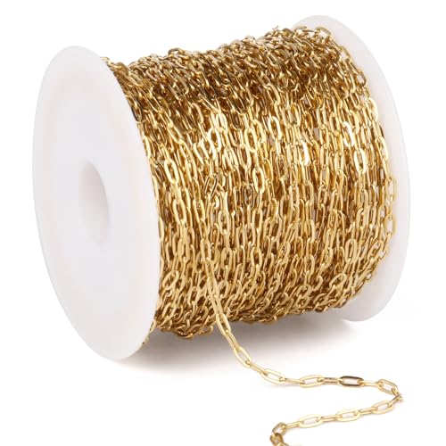 33FT Gold Paperclip Chain Jewelry 2MM 18K Gold PVD Plated Stainless Steel Paperclip Link Chain Roll Bulk for Jewelry Making - color: 2mm gold