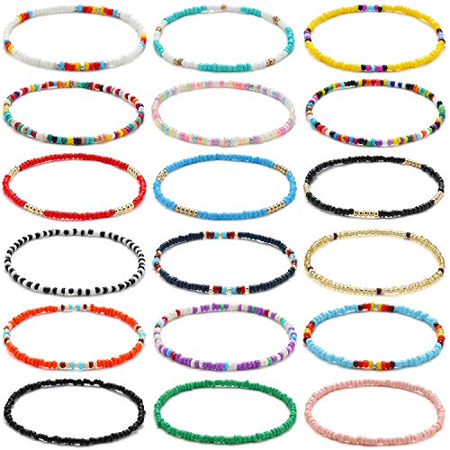 XIJIN 18 Pieces Elastic Beaded Anklets for Women Handmade Beach Boho Colorful Beads Ankle Bracelets Set - color: Multiple color