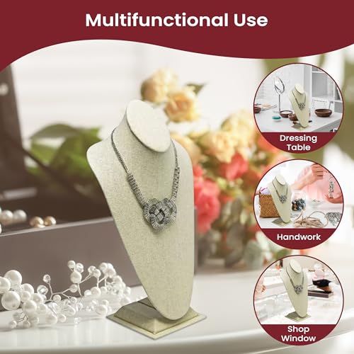 Novel Box Beige Linen Bust Stand Jewelry Necklace Display 8x5x15.5 Inches - Freestanding Travel Necklace Holder Stand - Necklace Mannequin Organizer Stands - Necklace Displays X-Large - color: Beige Linen, size: X-Large