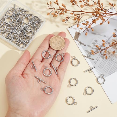 40Pcs Toggle Clasps Stainless Steel T Bar Ring Connector Closure Hook Fastener Necklace Bracelet Round Closures Jewelry Clasp for Bracelet Necklace Jewelry Making 19x14x2mm - size: 19x14x2mm