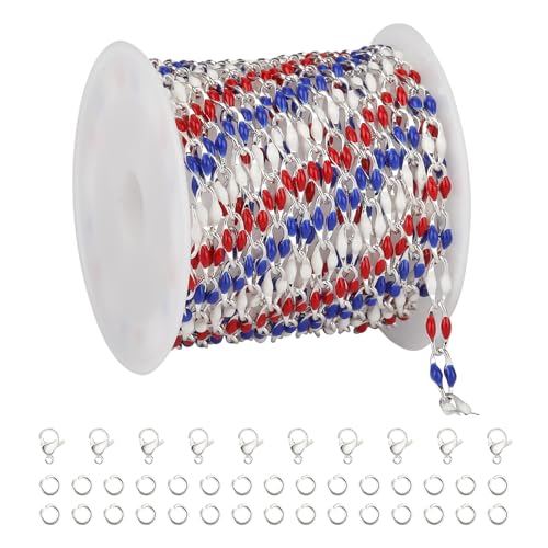 YOUBEIYEE 2 Meters Silver Plated Chain for Jewelry Making USA Flag Enamel Chain Roll Brass Chains Bulk with Jump Rings and Lobster Clasps - color: USA Flag Color
