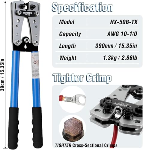 Battery Cable Wire Lug Crimping Tool for AWG 8-1/0 Heavy Duty Wire Copper Lugs, Electrical Lug Crimper with Cable Cutter, Silver, Blue, Black