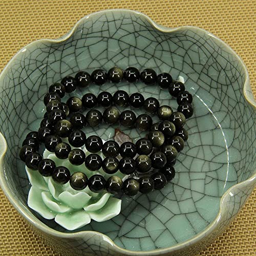 Angelstones Handmade Natural Healing Gemstone 8mm Round Beads Stretch Crystal Bracelet 7 Inch Unisex - color: Golden Obsidian