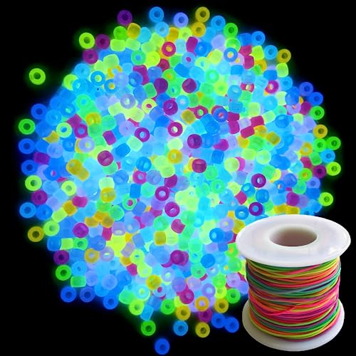 Looconi 1000pcs Pony Beads Multicolor Glow in The Dark and Rainbow Elastic String Mixed Colors 6x9mm Acrylic Beads for Jewelry Making - color: Glow+Line