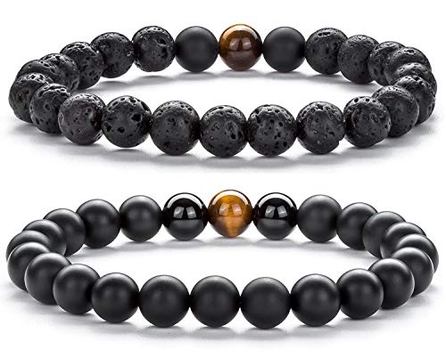 Hamoery Men Women 8mm Tiger Eye Stone Beads Bracelet Elastic Natural Stone Yoga Bracelet Bangle - color: set5