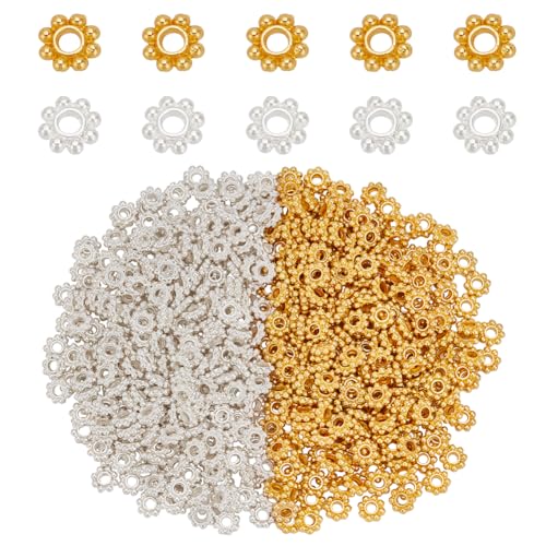 PH PandaHall 500pcs Tibetan Flower Spacer Beads, 2 Colors 5mm Alloy Daisy Beads Metal Jewelry Spacers Snowflake Spacer for Bracelet Necklace Earring Jewelry Making, Golden&Silver - color: Gold Silver