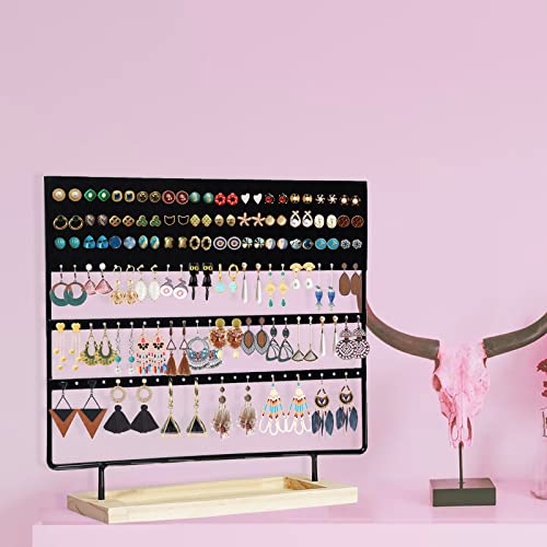 Earring Holder Organizer Stand - Earrings Display Rack 145 Holes Jewelry Holder Tower with Wooden Tray for Earrings Rings Black - color: Black