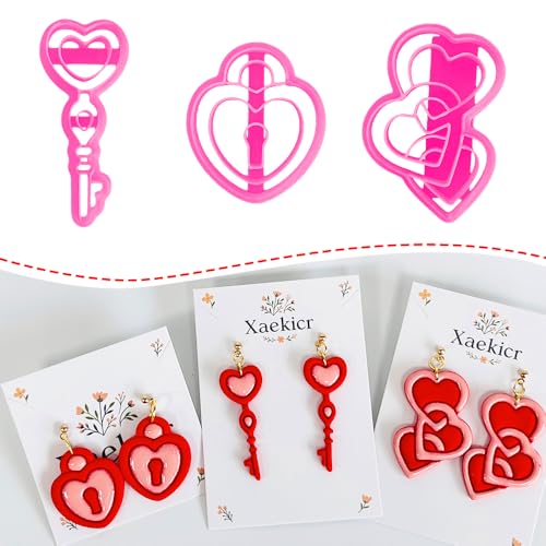 Xaekicr Heart Lock and Key Clay Cutters Set – 3PCS Polymer Clay Cutters for Earrings, Valentine’s Day Clay Earring Cutters, Polymer Clay Molds for Jewelry Making, Clay Tools - color: M color